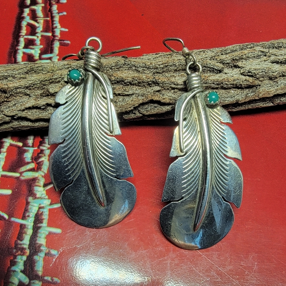 Sterling Silver Feather and Turquoise Earrings